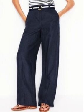 Boden Wide Leg Flat Front Wool Linen Cuffed Trousers Pants Navy Size 12R
